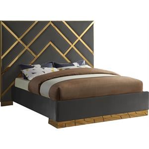 Pemberly Row Rich Velvet Queen Bed in Gray with Gold Metal Design and Base
