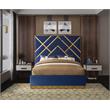 Pemberly Row Rich Velvet Queen Bed in Navy with Gold Metal Design and Base