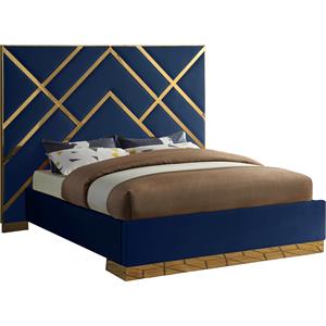 Pemberly Row Rich Velvet Queen Bed in Navy with Gold Metal Design and Base