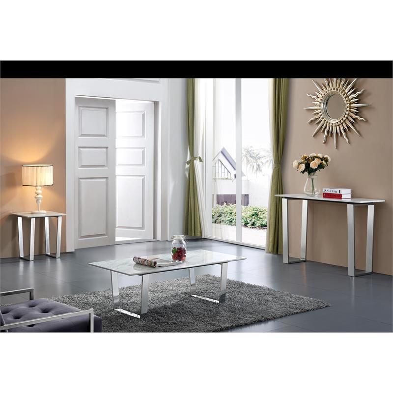 Pemberly Row Contemporary Stone End Table in Chrome with Stainless Steel Base