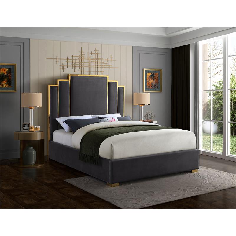 Pemberly Row Contemporary Gray Velvet King Bed with Gold Metal Frame and Legs