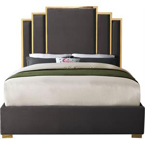Pemberly Row Contemporary Gray Velvet King Bed with Gold Metal Frame and Legs