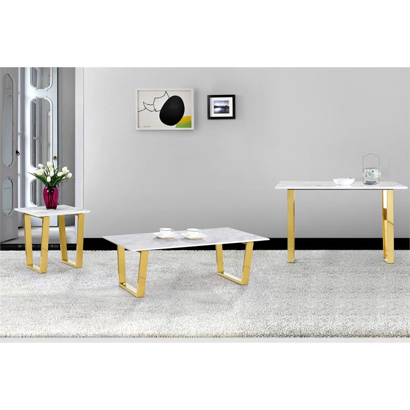 Pemberly Row Contemporary Stone Coffee Table in Gold with Stainless Steel Base