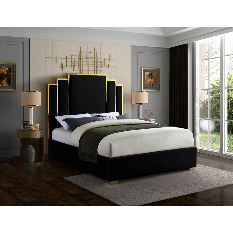 Pemberly Row Contemporary Black Velvet King Bed with Gold Metal Frame and Legs