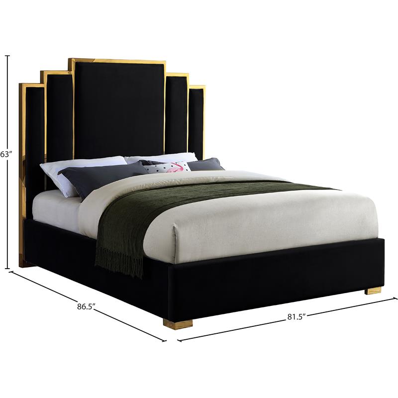 Pemberly Row Contemporary Black Velvet King Bed with Gold Metal Frame and Legs