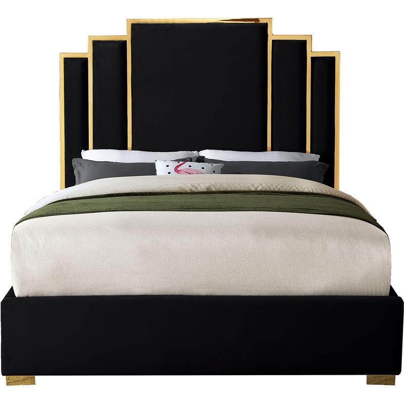 Pemberly Row Contemporary Black Velvet King Bed with Gold Metal Frame and Legs