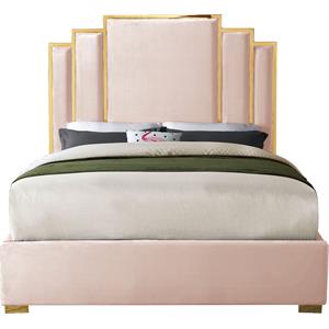 Pemberly Row Contemporary Pink Velvet Queen Bed with Gold Metal Frame and Legs