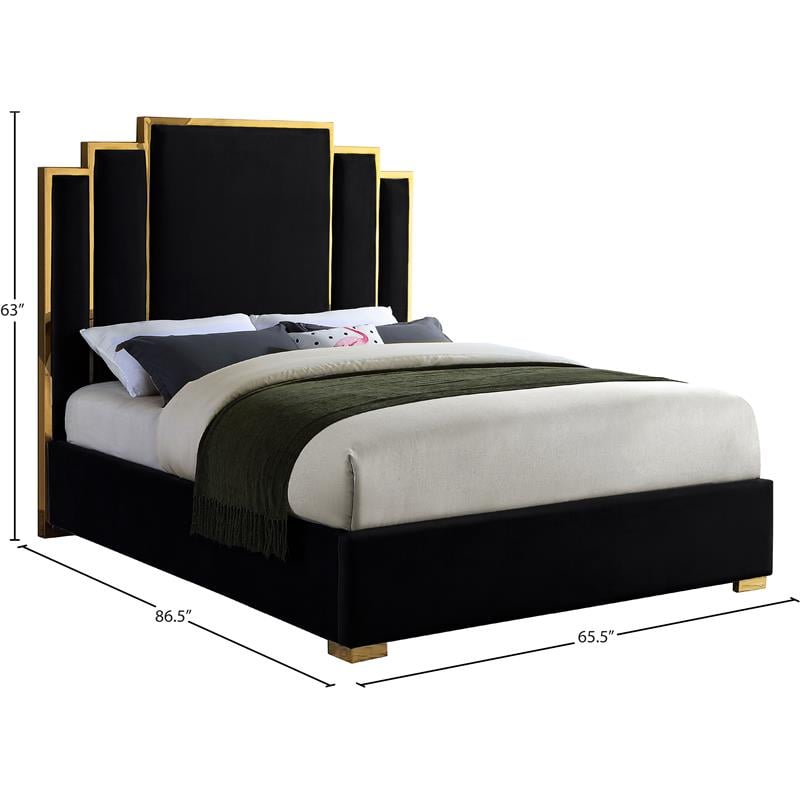 Pemberly Row Contemporary Black Velvet Queen Bed with Gold Metal Frame and Legs