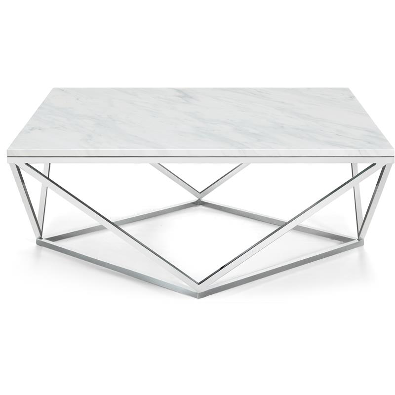 Pemberly Row Contemporary Stone Coffee Table in Chrome with Stainless Steel Base