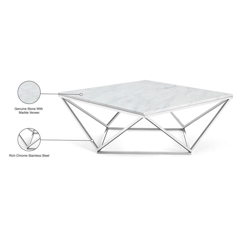 Pemberly Row Contemporary Stone Coffee Table in Chrome with Stainless Steel Base