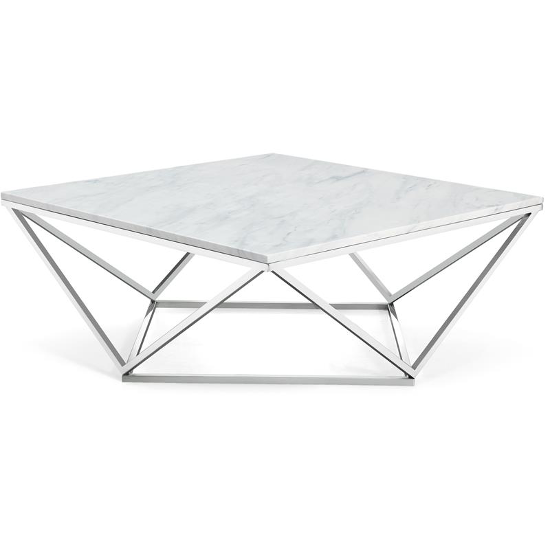Pemberly Row Contemporary Stone Coffee Table in Chrome with Stainless Steel Base