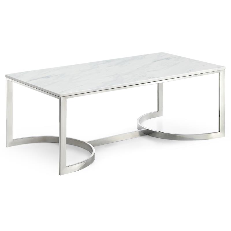 Pemberly Row Contemporary Stone Coffee Table in Chrome with Stainless Steel Base
