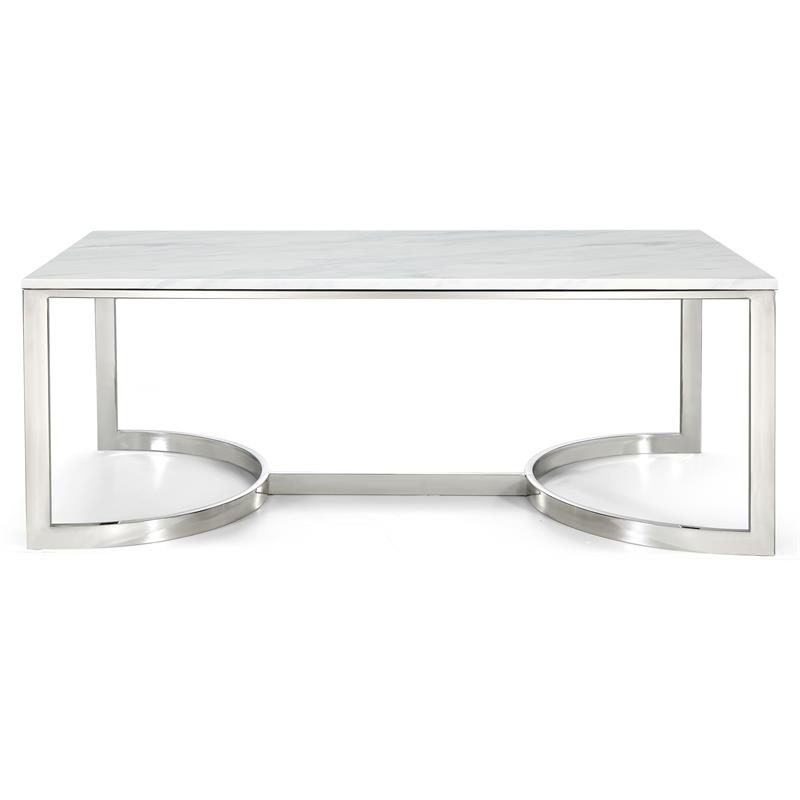 Pemberly Row Contemporary Stone Coffee Table in Chrome with Stainless Steel Base