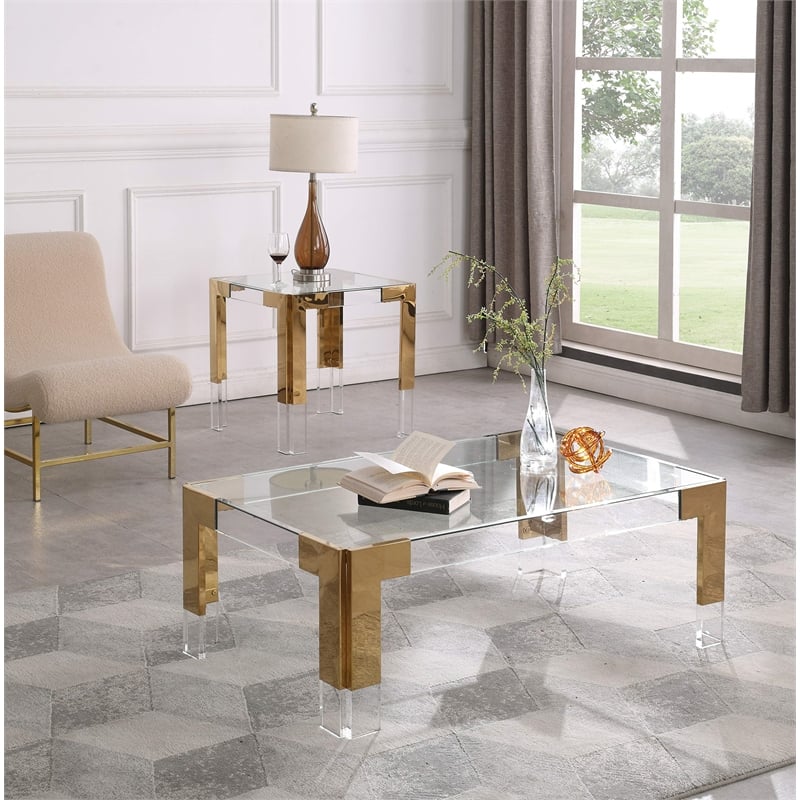 Pemberly Row Contemporary Gold Stainless Steel and Acrylic Dining Table
