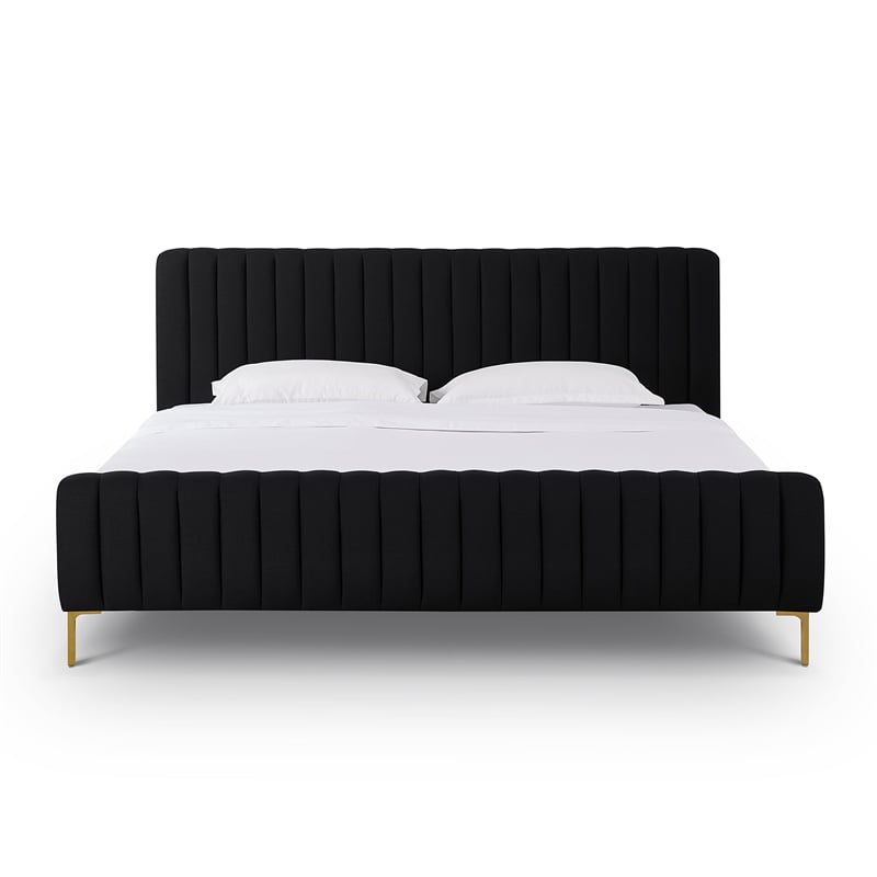 Pemberly Row Contemporary Black Finish Upcycled Linen King Bed