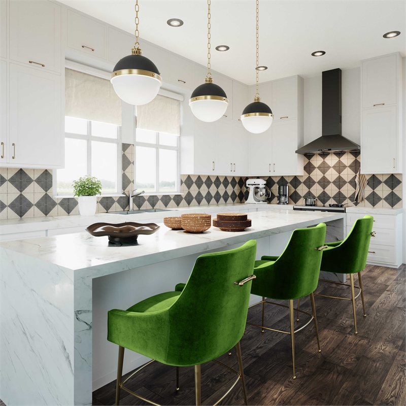 Pemberly Row Transitional Green Velvet Bar Stool - Gold Legs