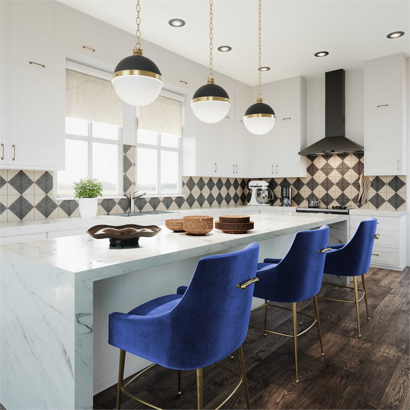 Pemberly Row Transitional Navy Velvet Counter Stool - Gold Legs