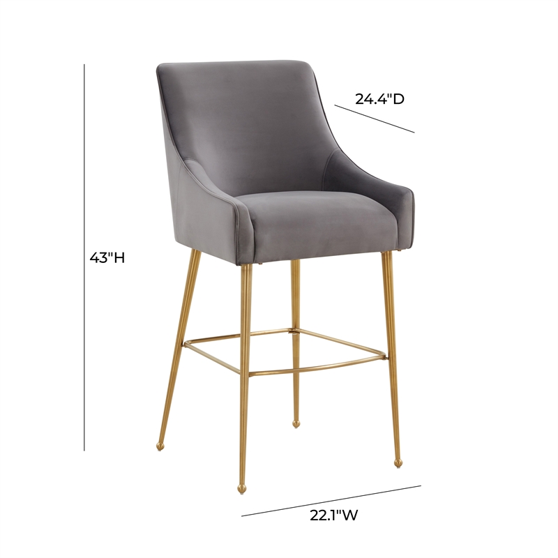 Pemberly Row Transitional Dark Grey Velvet Bar Stool - Gold Legs