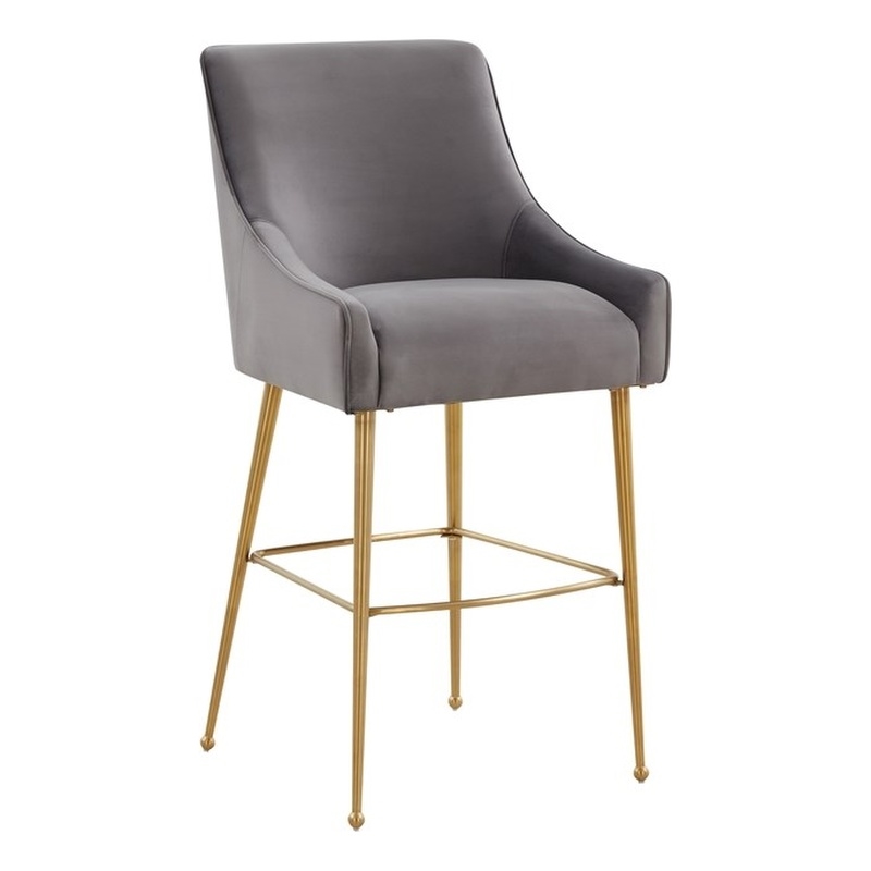 Pemberly Row Transitional Dark Grey Velvet Bar Stool - Gold Legs