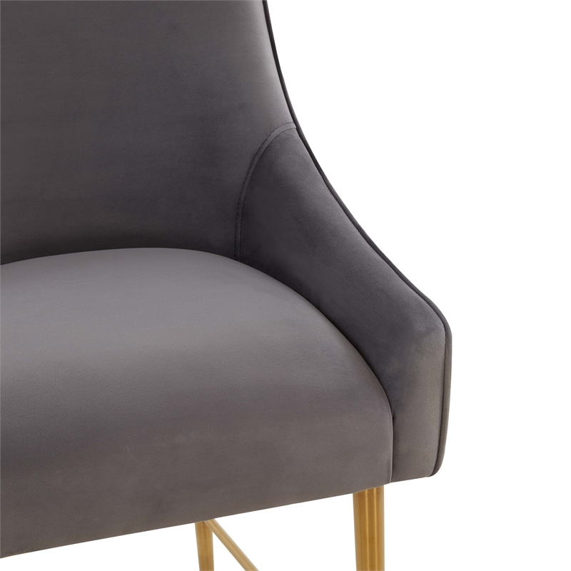 Pemberly Row Transitional Dark Grey Velvet Bar Stool - Gold Legs