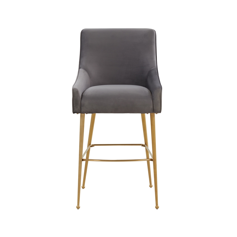 Pemberly Row Transitional Dark Grey Velvet Bar Stool - Gold Legs