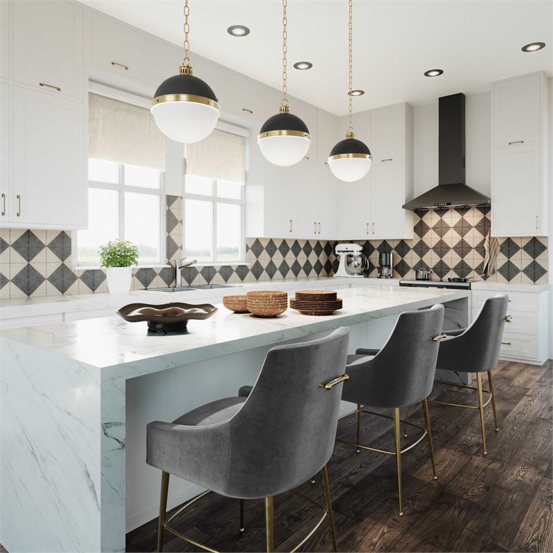 Pemberly Row Transitional Dark Grey Velvet Bar Stool - Gold Legs