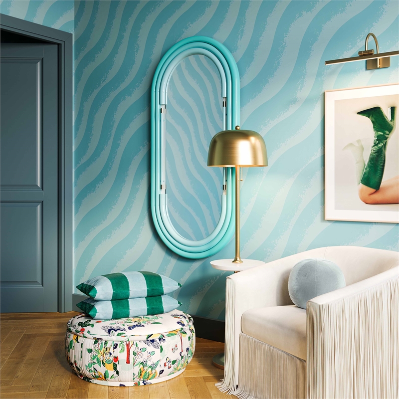 Pemberly Row Handmade Contemporary Neon Large Wall Mirror in Blue