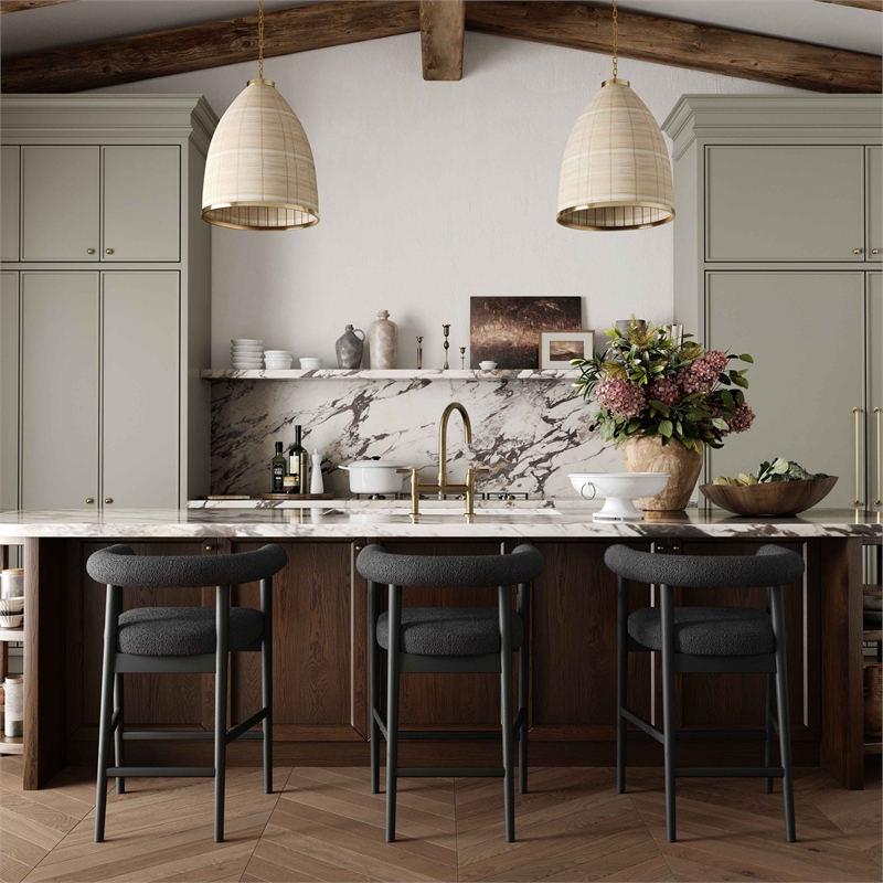 Pemberly Row Contemporary Upholstered Black Boucle Counter Stool