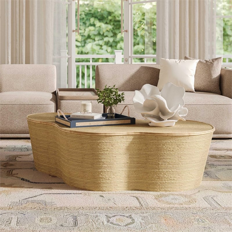 Pemberly Row Contemporary Slab Natural Seagrass Coffee Table