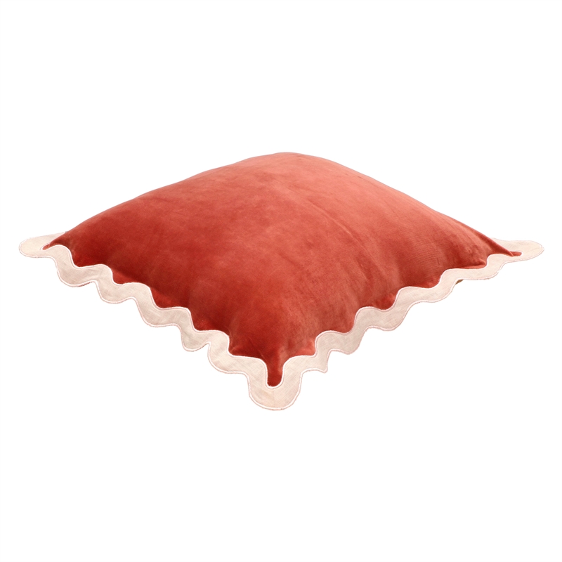Pemberly Row Scalloped Edge Cream and Rust Cotton Velvet Throw Pillow