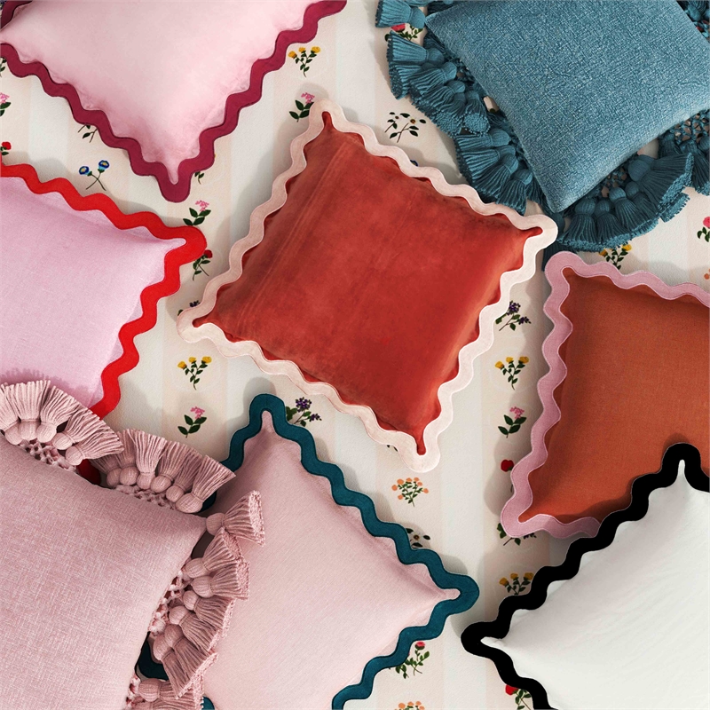 Pemberly Row Scalloped Edge Cream and Rust Cotton Velvet Throw Pillow