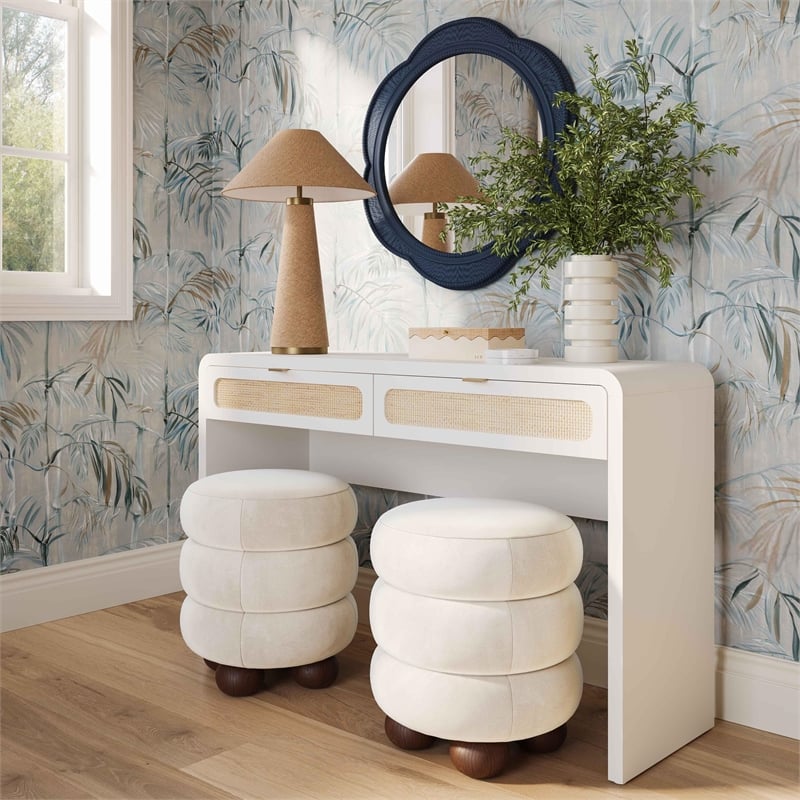 Pemberly Row White Finish Rattan Console Desk - 48