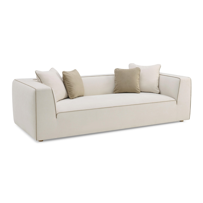 Pemberly Row Contemporary Upholstered Cream Linen Sofa with Accent Pillows