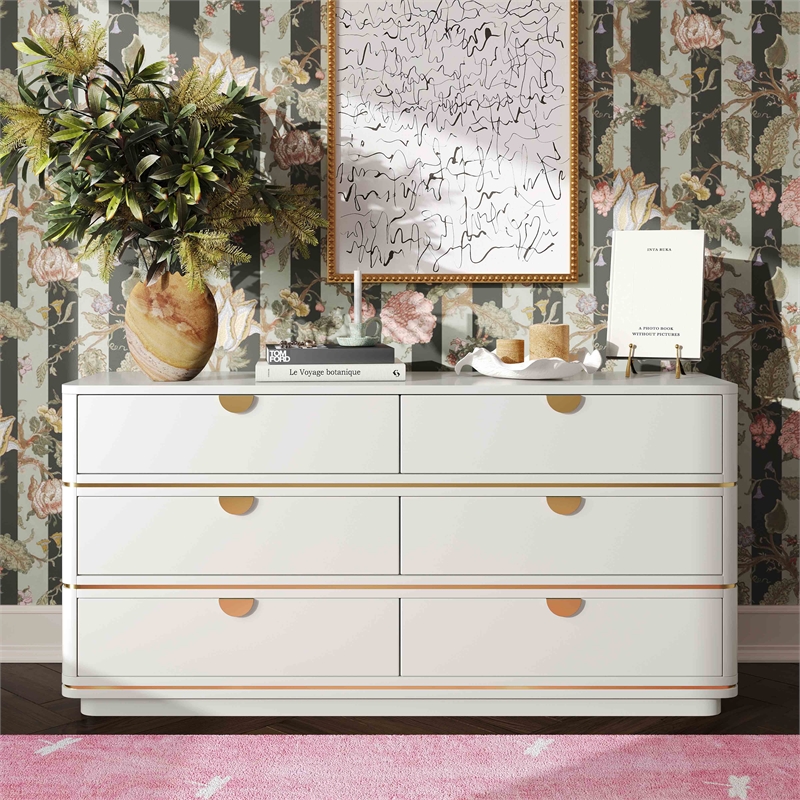 Pemberly Row Handmade Modern Transitional Cream 6 Drawer Dresser