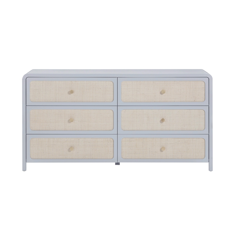 Pemberly Row Contemporary Pastel Blue Rattan 6 Drawer Wooden Dresser