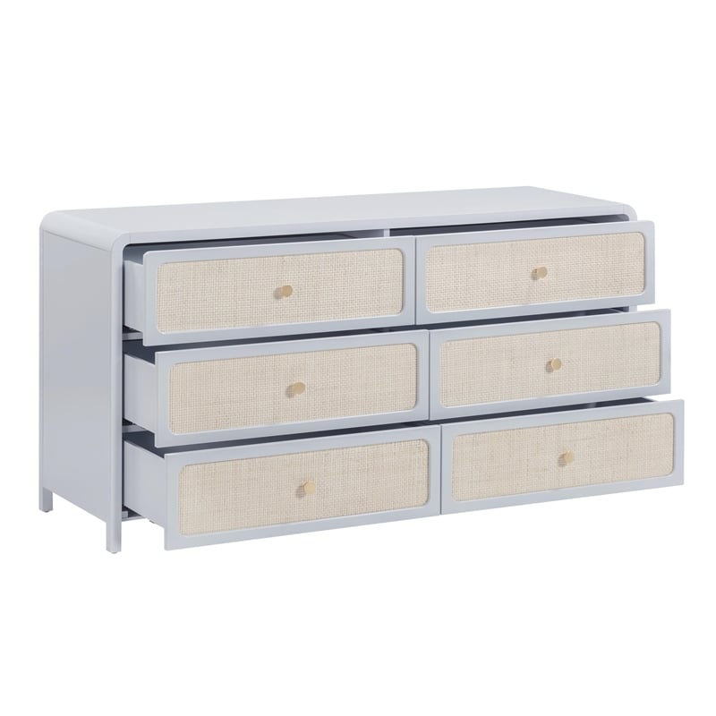 Pemberly Row Contemporary Pastel Blue Rattan 6 Drawer Wooden Dresser