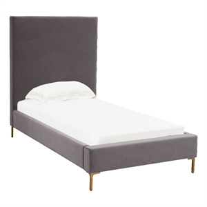 Pemberly Row Handmade Contemporary Gray Textured Velvet Bed in Twin