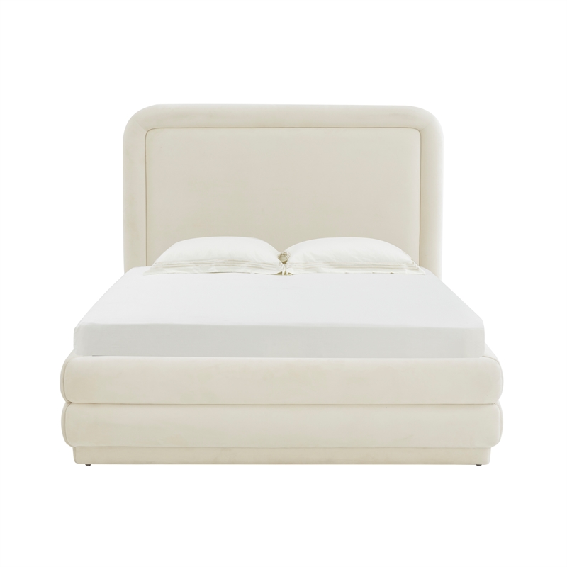Pemberly Row Transitional Cream Velvet Upholstered Bed in Full