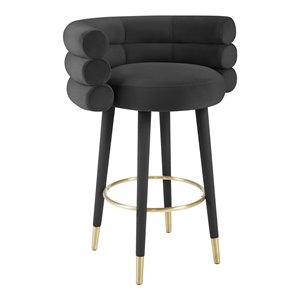Pemberly Row 30.3&quotH Velvet and Plywood Bar Stool in Black/Gold