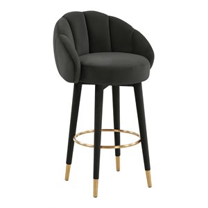 Pemberly Row 30.8&quot Swivel Modern Velvet and Pine Wood Bar Stool in Black