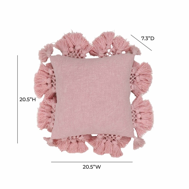 Pemberly Row Transitional Stone Washed Blush Pink Cotton Tasseled Pillow