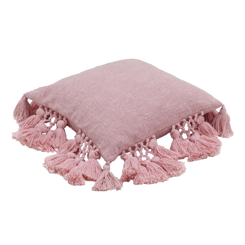 Pemberly Row Transitional Stone Washed Blush Pink Cotton Tasseled Pillow