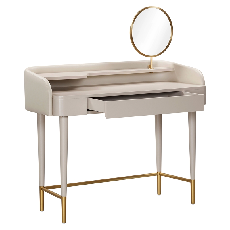 Pemberly Row Transitional Vegan Leather & Wood Vanity Desk in Taupe