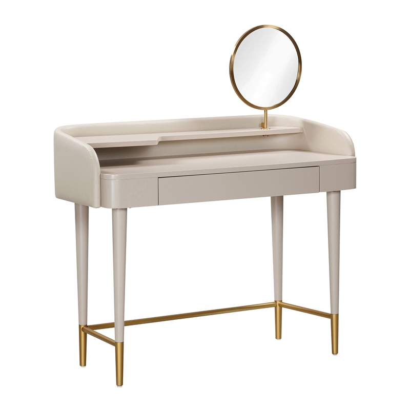 Pemberly Row Transitional Vegan Leather & Wood Vanity Desk in Taupe
