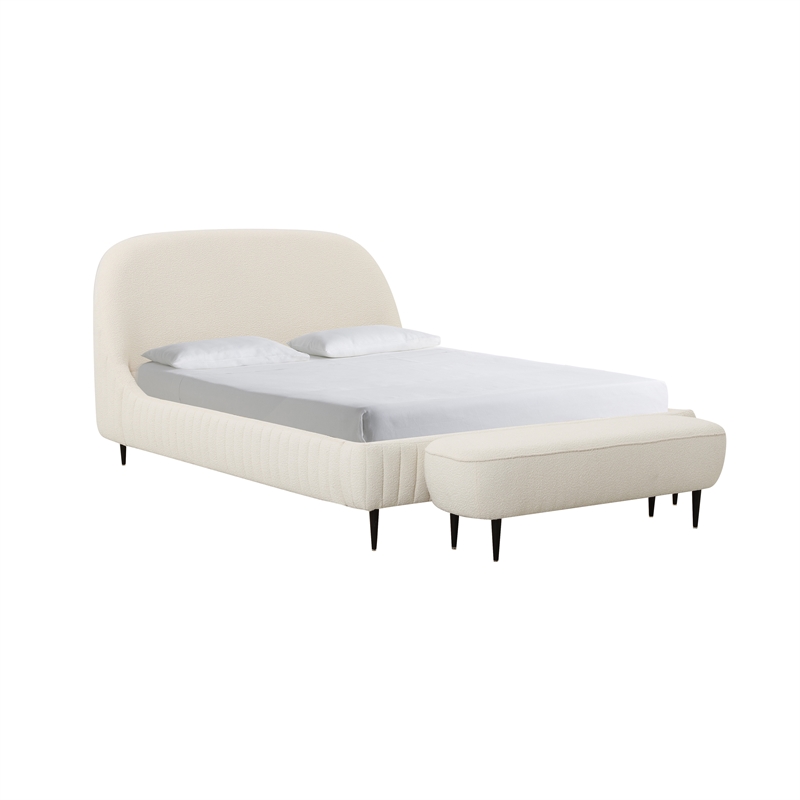 Pemberly Row Modern Transitional Cream Soft Boucle Fabric  Bed in King
