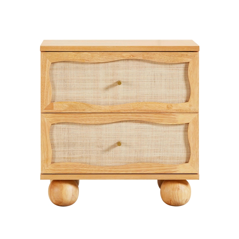 Pemberly Row Contemporary Natural Wood & Rattan Wavy Nightstand
