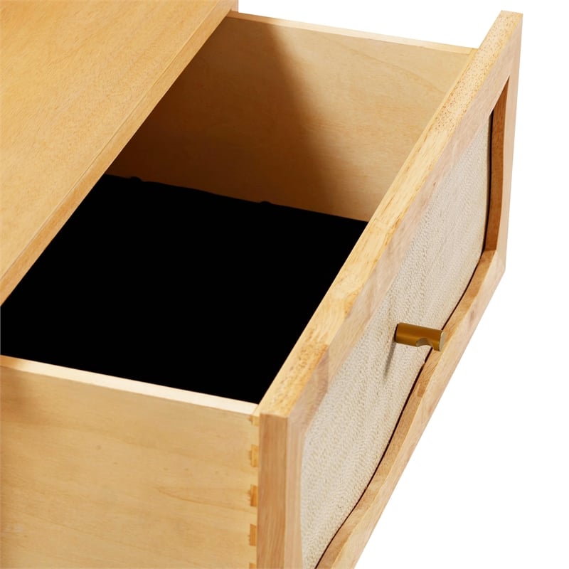 Pemberly Row Contemporary Natural Wood & Rattan Wavy Nightstand