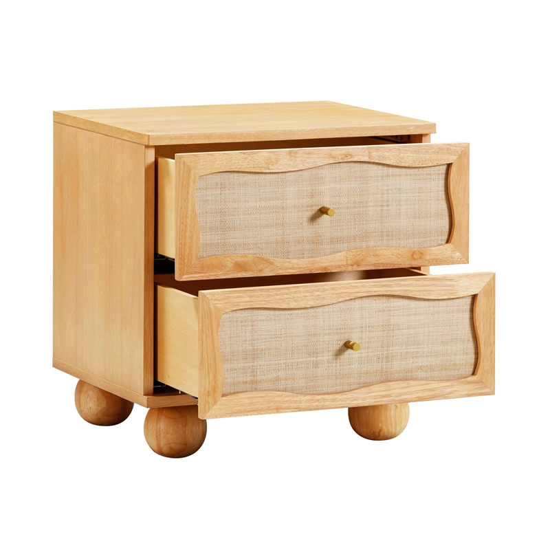 Pemberly Row Contemporary Natural Wood & Rattan Wavy Nightstand