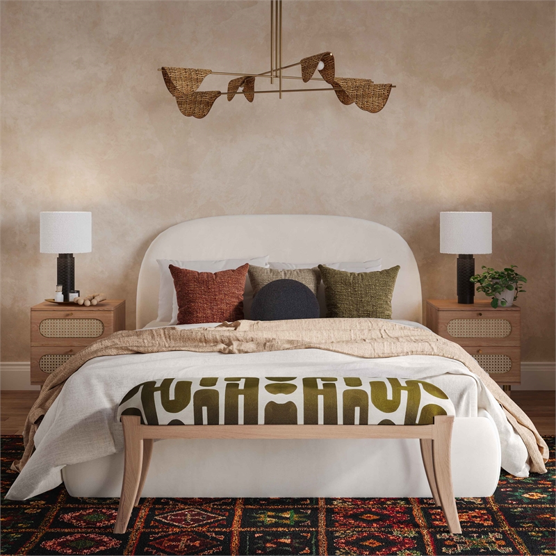 Pemberly Row Contemporary Olive & White Embroidered Cotton Bench