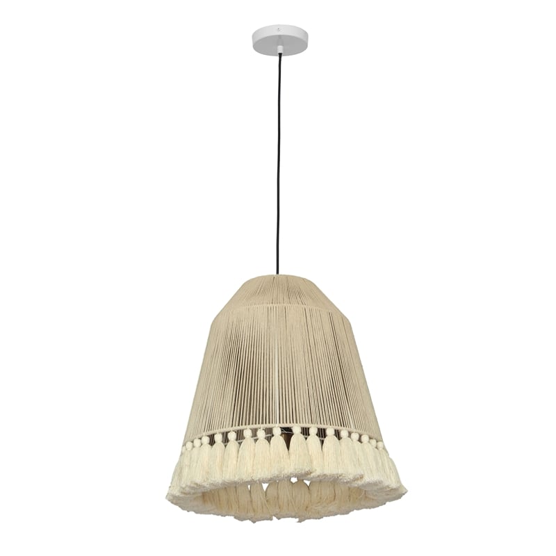 Pemberly Row Transitional White Cotton Tasseled Pendant Lamp